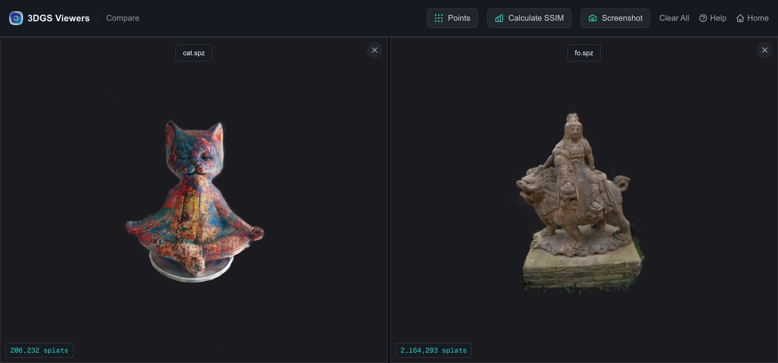 Two Gaussian Splatting models loaded side by side in the compare workspace with synchronized camera views