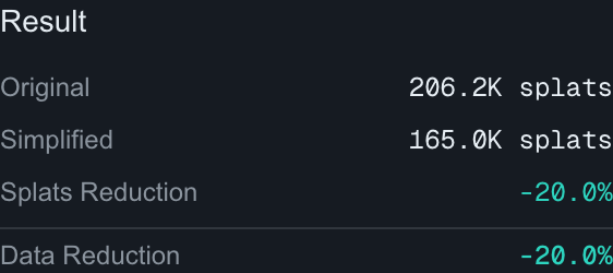 Simplification result stats showing 20 percent splat and data reduction
