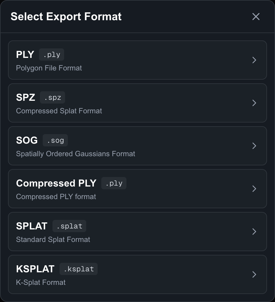 3DGS Viewer export format dialog showing PLY, SPZ, SOG, Compressed PLY, SPLAT, and KSPLAT options